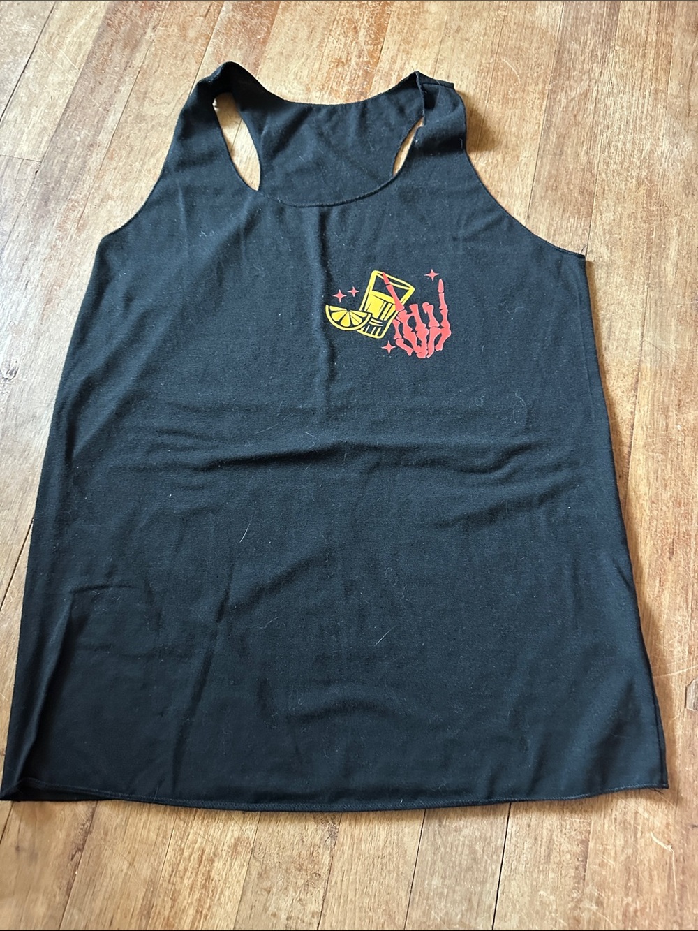 Black Graphic Racerback Tank Top with Skeleton Hand & Quote Accent - Size M